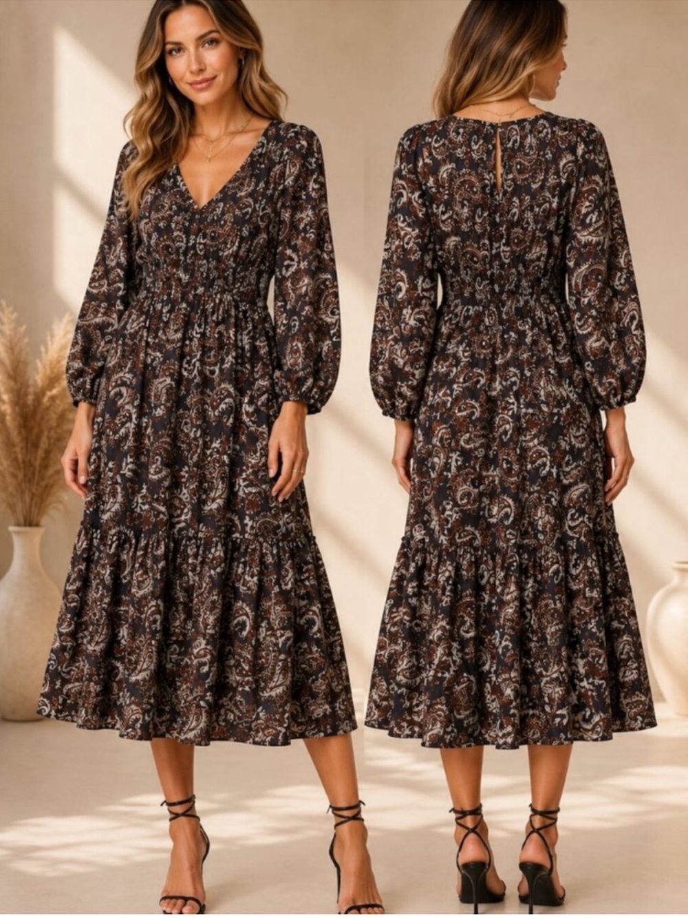 CLEOBELLA Carly Paisley Smocked Midi Dress Size Small Fall Resort V Neck Flowy